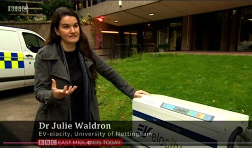Still from BBC interview of EV-elocity's Julie Waldron