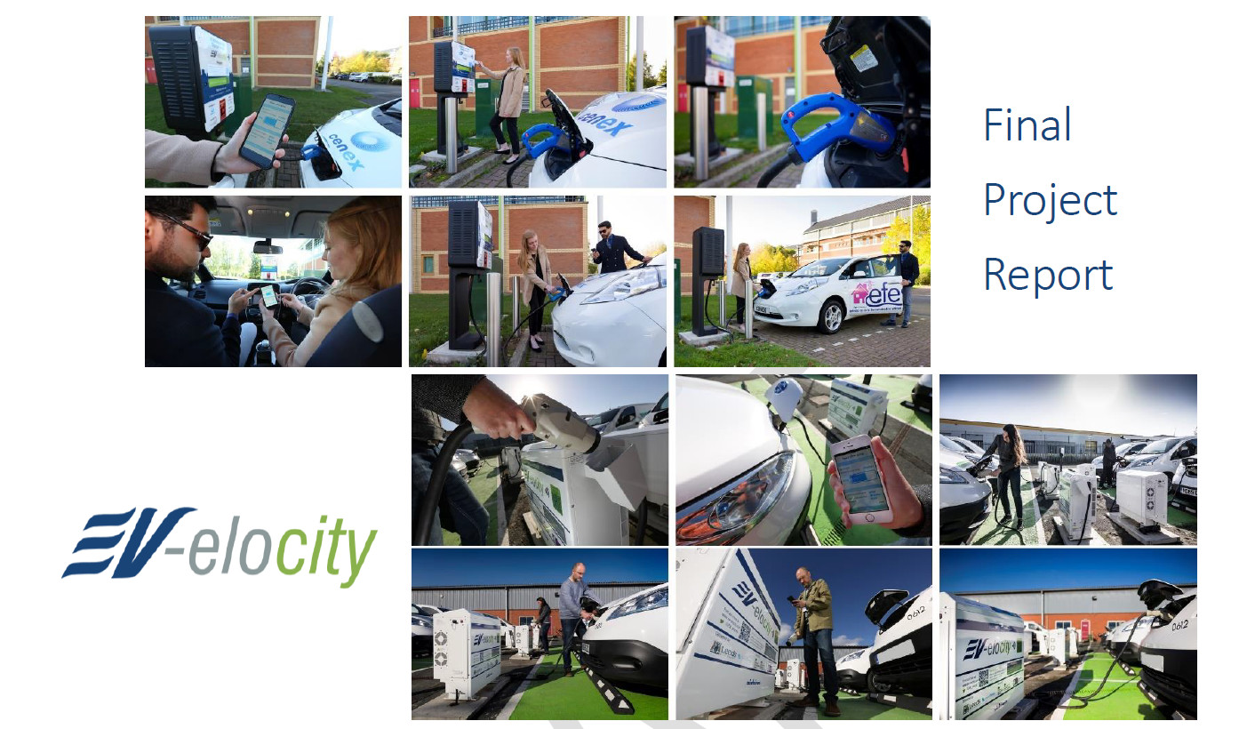 Cover of EV-elocity's final report, with lots of phohtos of vehicle-to-grid chargers